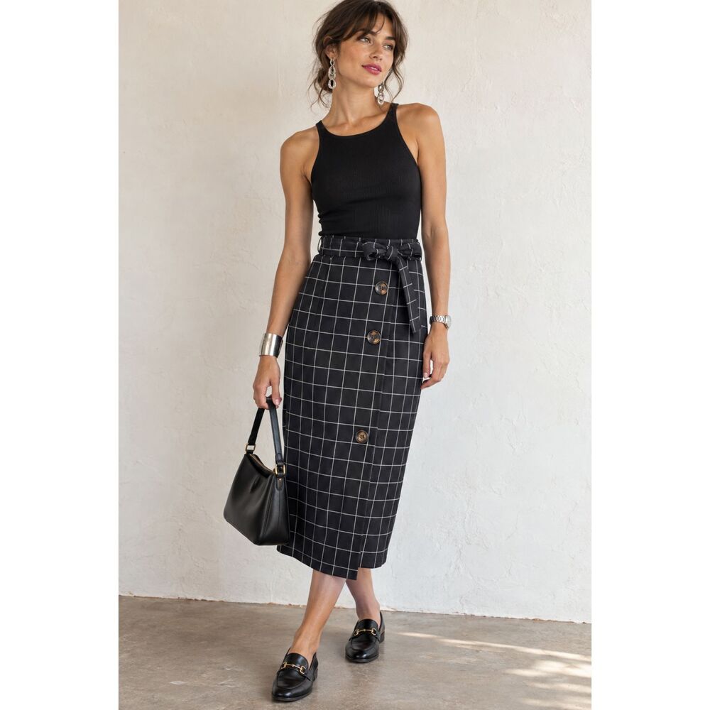 Mustard Seed Retro Windowpane Check Tie-Waist Midi Skirt